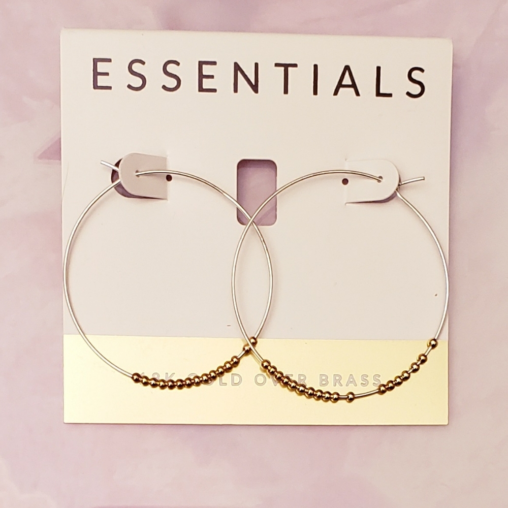 Essentials Earrings 18K Gold Over Brass Silver Hoops w Beads